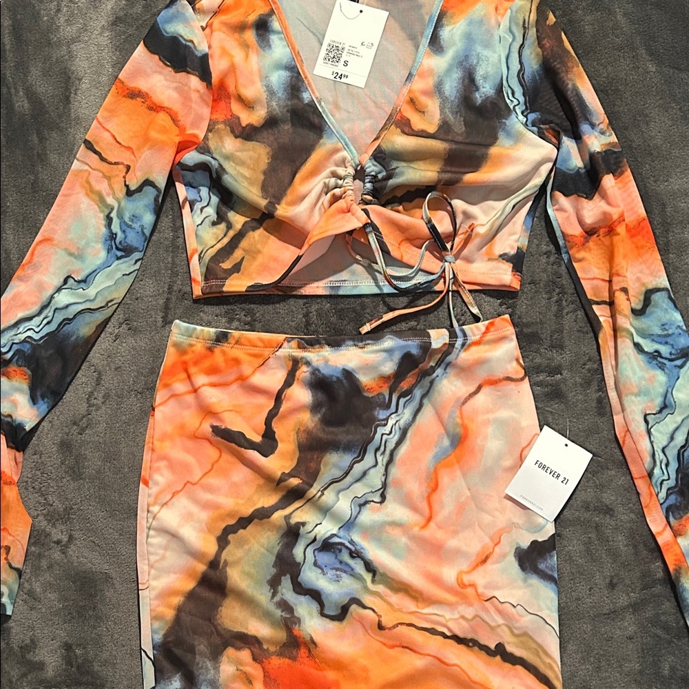 Forever 21 Abstract Orange and Blue Skirt Set